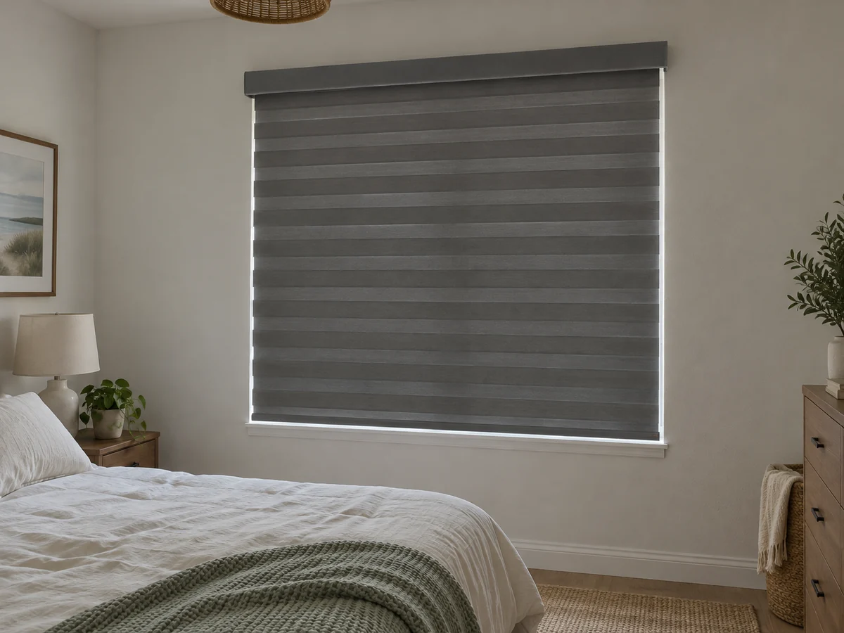 Illustrative bedroom with a dark layered shade closed across the window