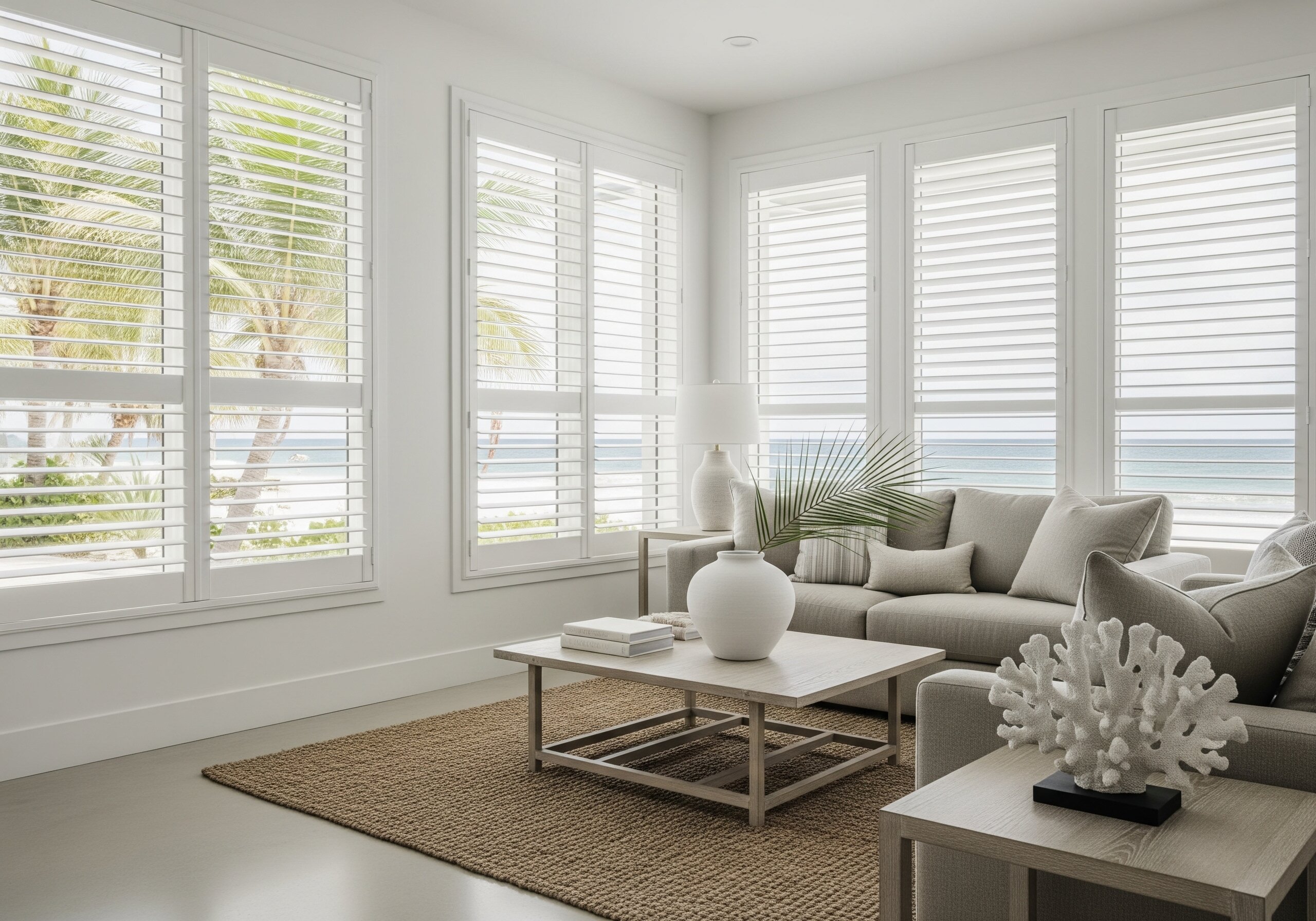 Custom plantation shutters in bright coastal living room