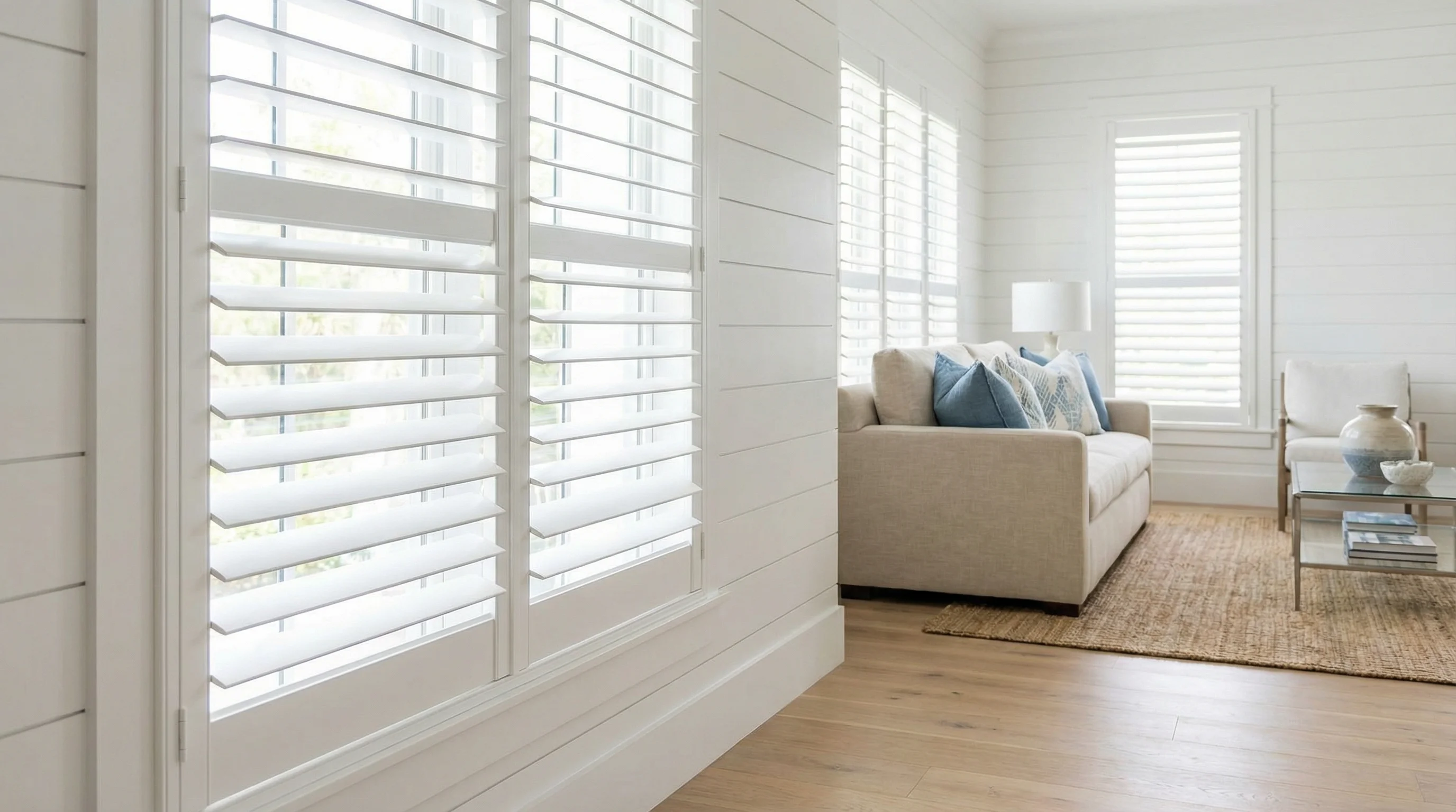 White plantation shutters multiple windows Jupiter FL Treasure Coast