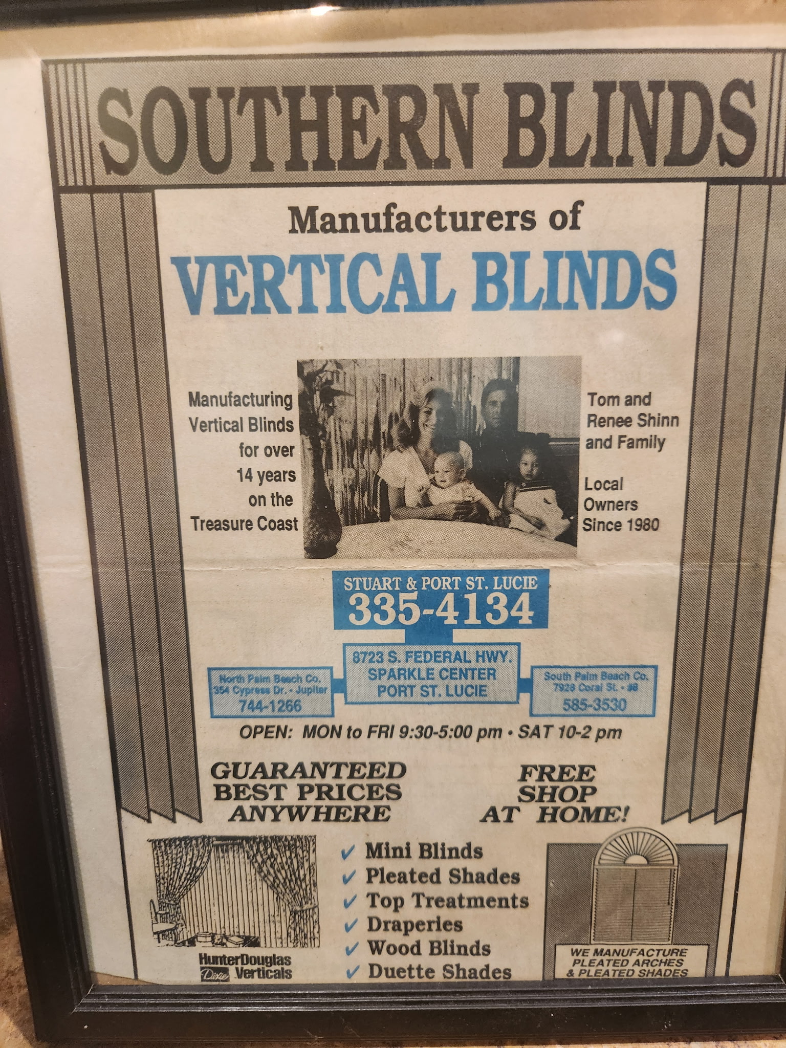 Southern Blinds - Historical advertisement showing Tom and Renee Shinn with family, local owners since 1980